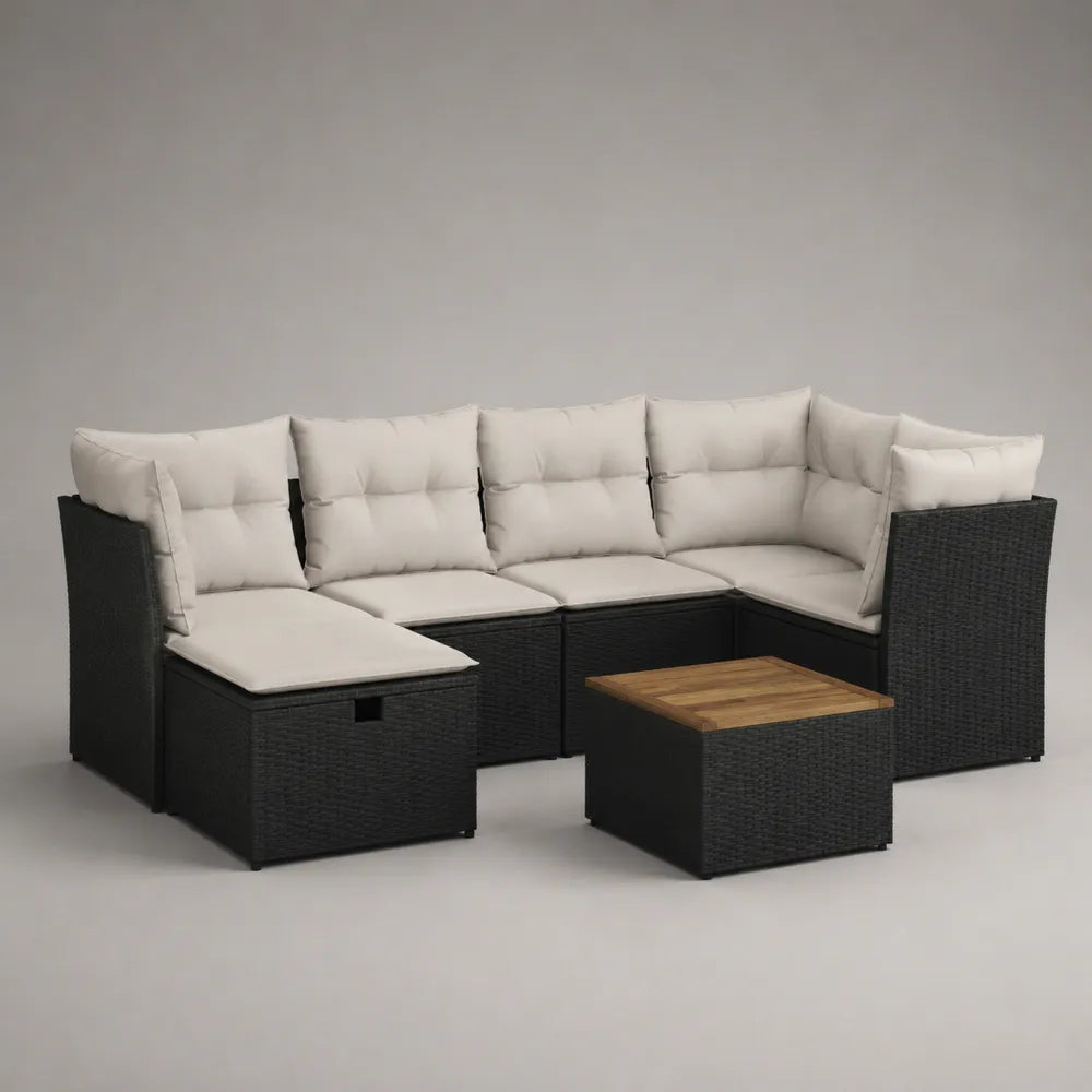 Divano da giardino angolare modulare 7 posti in rattan sintetico con cuscini bianchi e tavolino effetto legno 260 x 200 x 65 cm