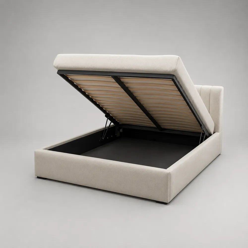 Letto contenitore matrimoniale imbottito in tessuto beige con rete sollevabile 160 x 200 cm