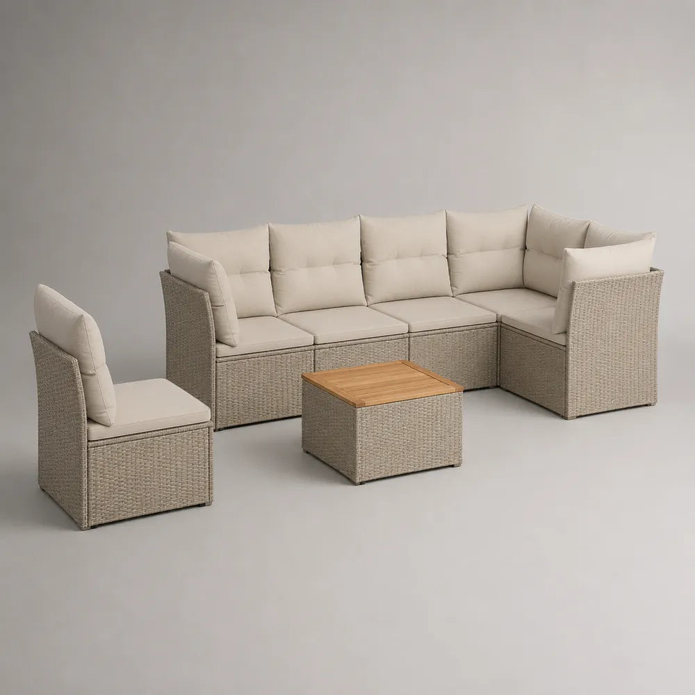 Set divano da giardino angolare 6 posti in rattan sintetico beige con tavolino quadrato piano effetto legno 260x200x65 cm