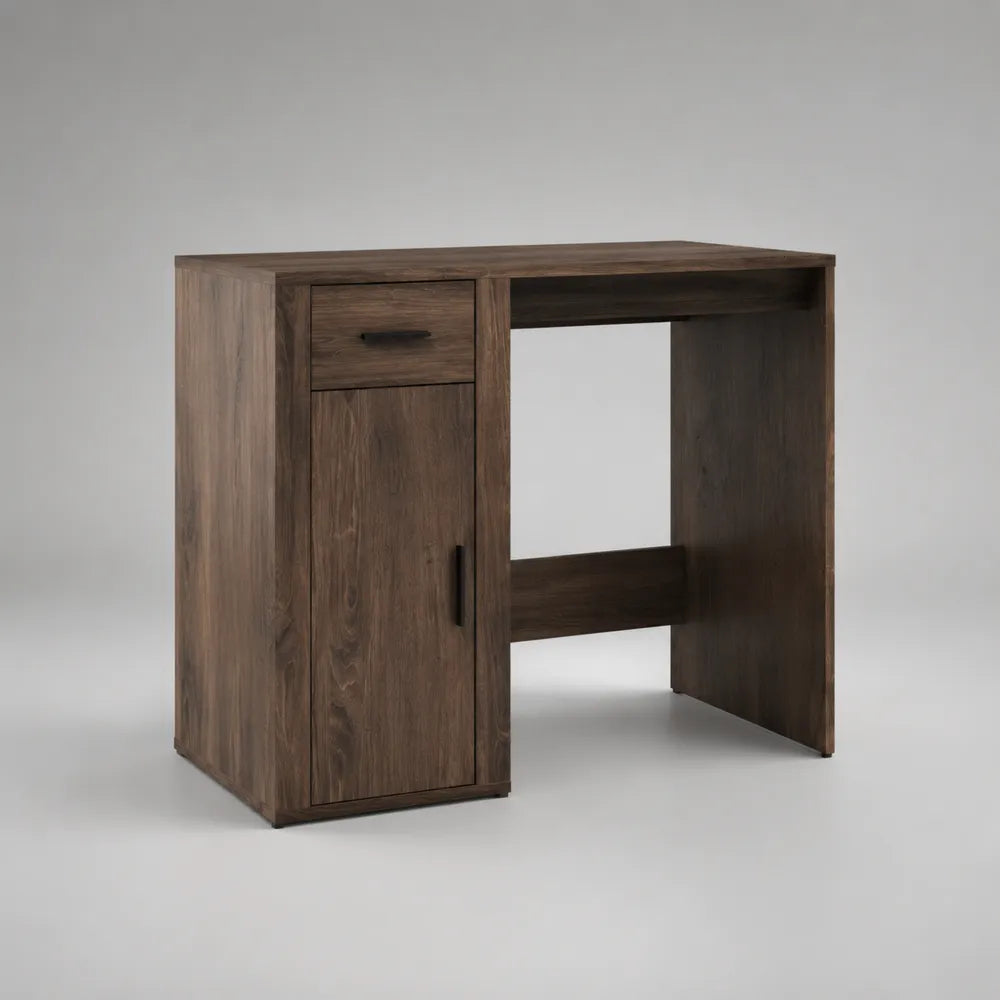 Scrivania da ufficio in MDF effetto noce marrone con cassetto e anta contenitore 120 x 60 x 75 cm