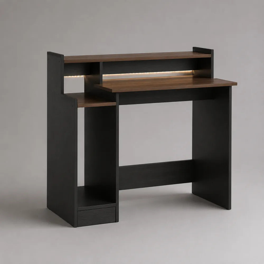 Scrivania da ufficio 140 x 60 x 120 cm in MDF nero e rovere scuro rettangolare con ripiani integrati