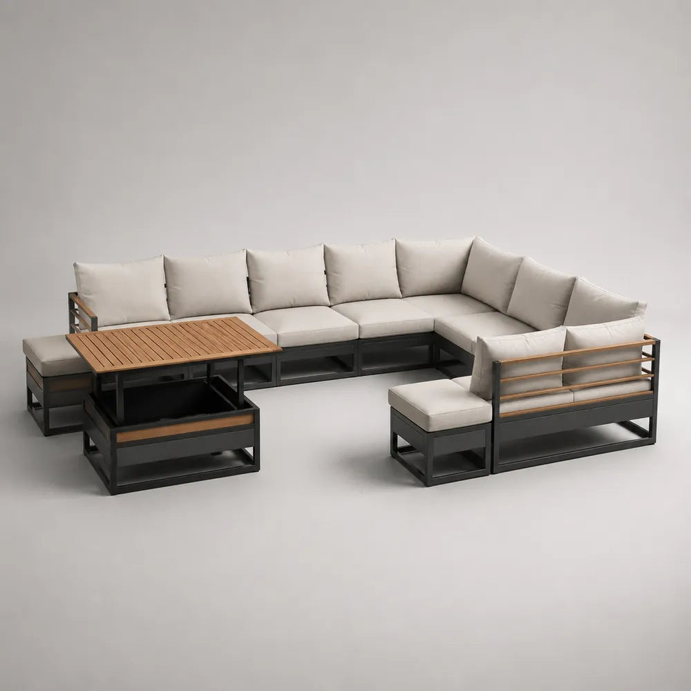 Divano da giardino angolare modulare 9 posti in alluminio con cuscini beige e tavolino effetto legno 320 x 250 x 70 cm
