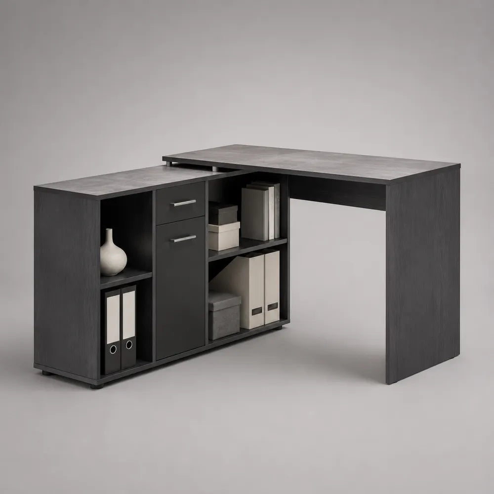 Scrivania angolare rettangolare con libreria e cassetti MDF nero effetto legno 180 x 140 x 75 cm