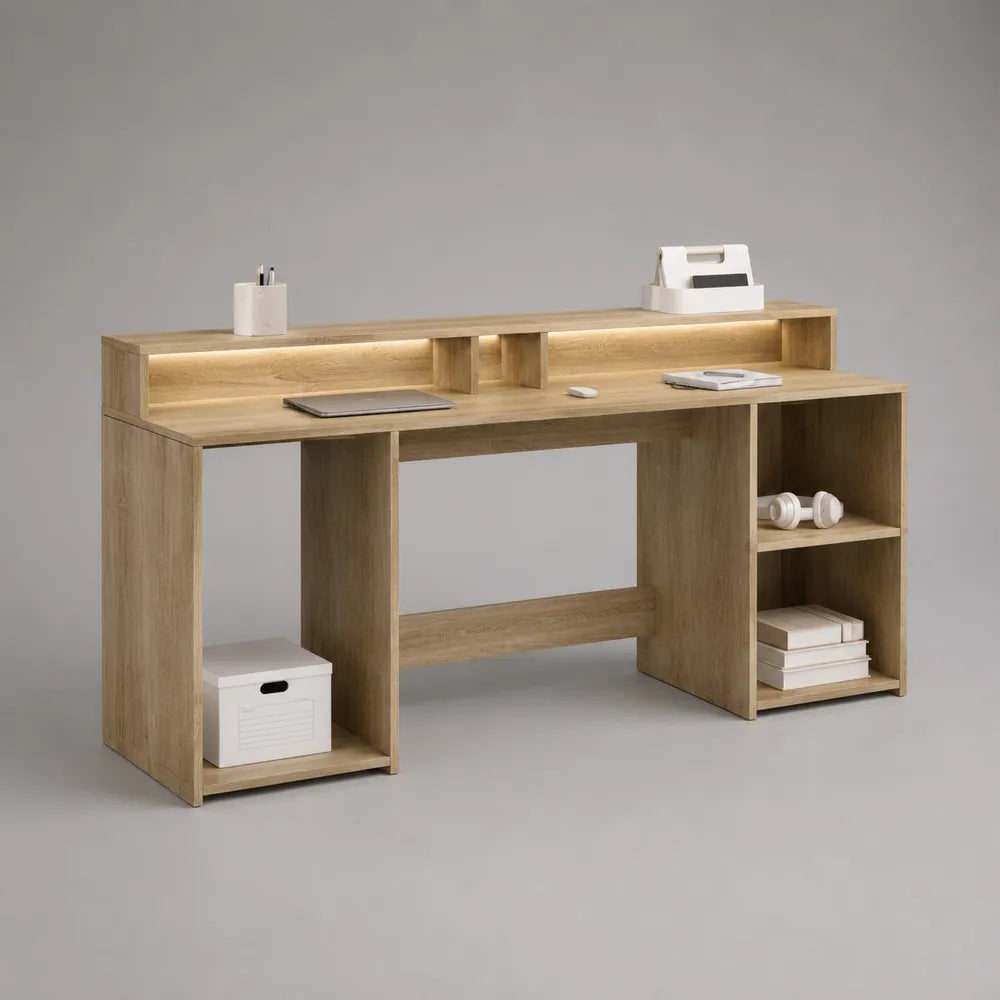 Scrivania da ufficio in MDF effetto rovere chiaro con mensole e vani aperti 200 x 60 x 90 cm