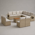 Divano da giardino angolare modulare 11 posti in rattan sintetico con cuscini beige e tavolino effetto legno 350 x 300 x 70 cm