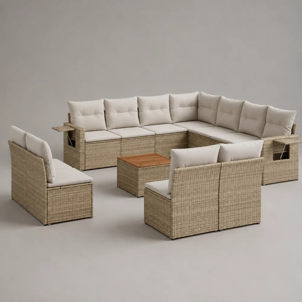 Divano da giardino angolare modulare 11 posti in rattan sintetico con cuscini beige e tavolino effetto legno 350 x 300 x 70 cm