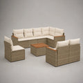 Set divano da giardino angolare 9 posti in rattan sintetico beige con 2 poltrone e tavolino effetto legno 320x250x70 cm