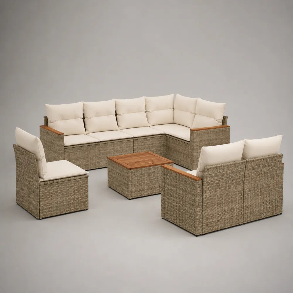 Set divano da giardino angolare 9 posti in rattan sintetico beige con 2 poltrone e tavolino effetto legno 320x250x70 cm