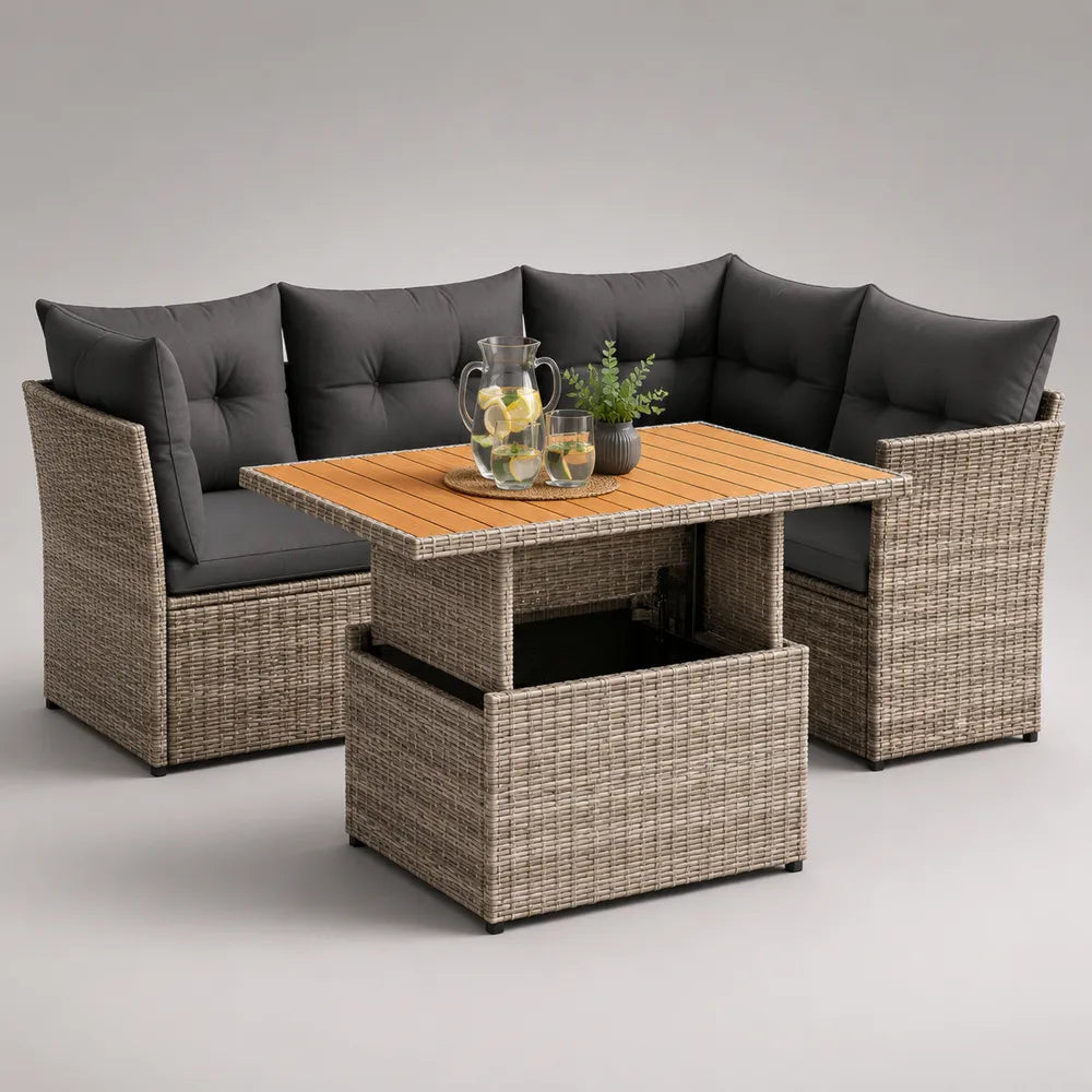 Set divano da giardino angolare 6 posti in rattan sintetico intrecciato con cuscini grigio scuro e tavolo effetto legno 260 x 200 x 70 cm
