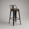 Sgabello da bar in acciaio nero con seduta effetto legno e schienale 45 x 50 x 100 cm