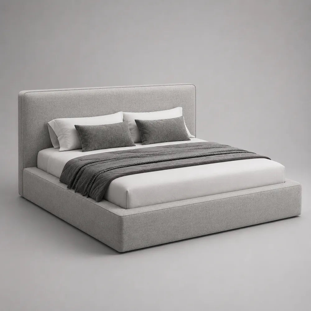 Letto contenitore matrimoniale imbottito con testiera in tessuto grigio chiaro struttura rettangolare 180 x 200 cm
