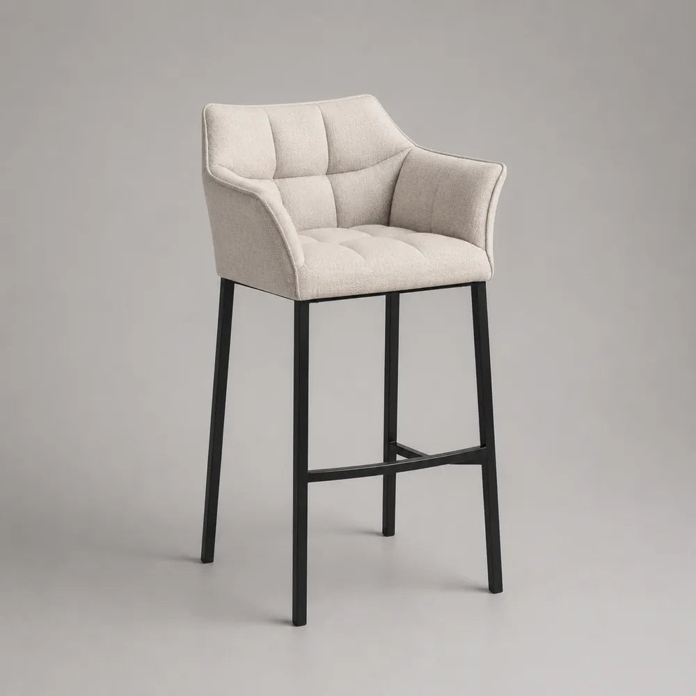 Sgabello da bar imbottito con schienale alto in tessuto poliestere beige e struttura in acciaio nero 50 x 55 x 110 cm