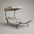 Lettino prendisole da giardino con baldacchino in textilene beige e struttura in acciaio nero 200x70x190 cm