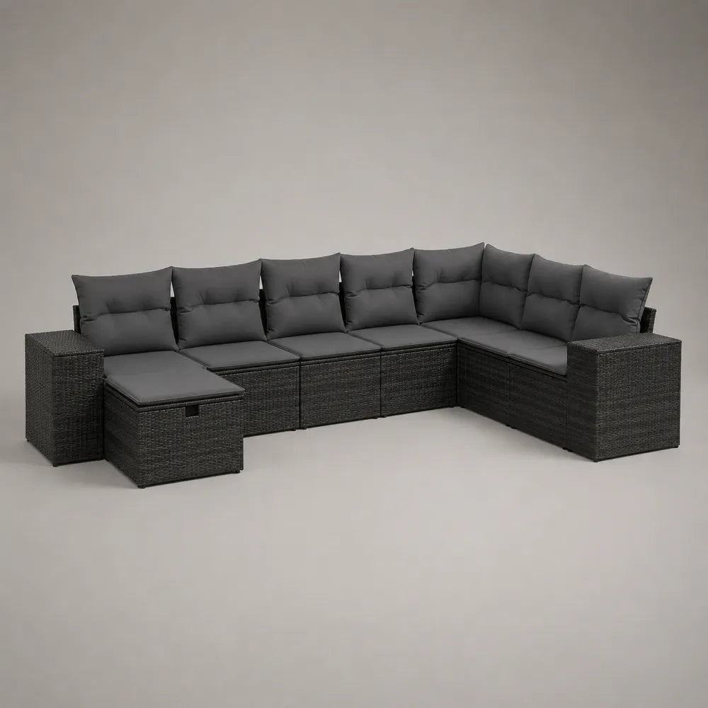 Divano da giardino angolare modulare 10 posti in rattan sintetico grigio scuro con cuscini imbottiti 360x250x70 cm