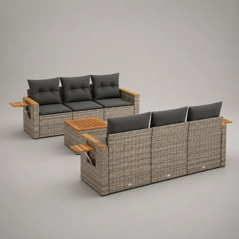 Set divano da giardino modulare 8 posti in rattan sintetico intrecciato beige con tavolo centrale 330x250x70 cm