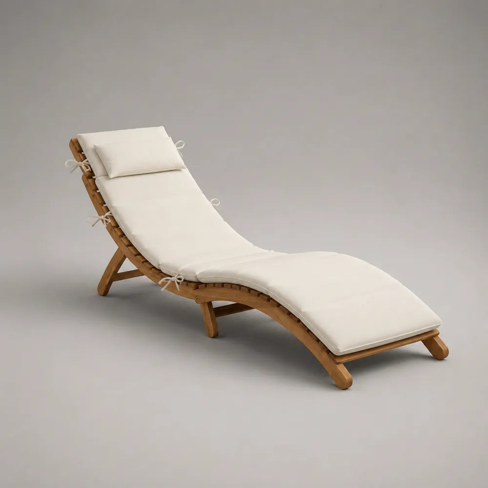Lettino prendisole da giardino in legno di acacia con cuscino imbottito beige regolabile 200 x 65 x 35 cm