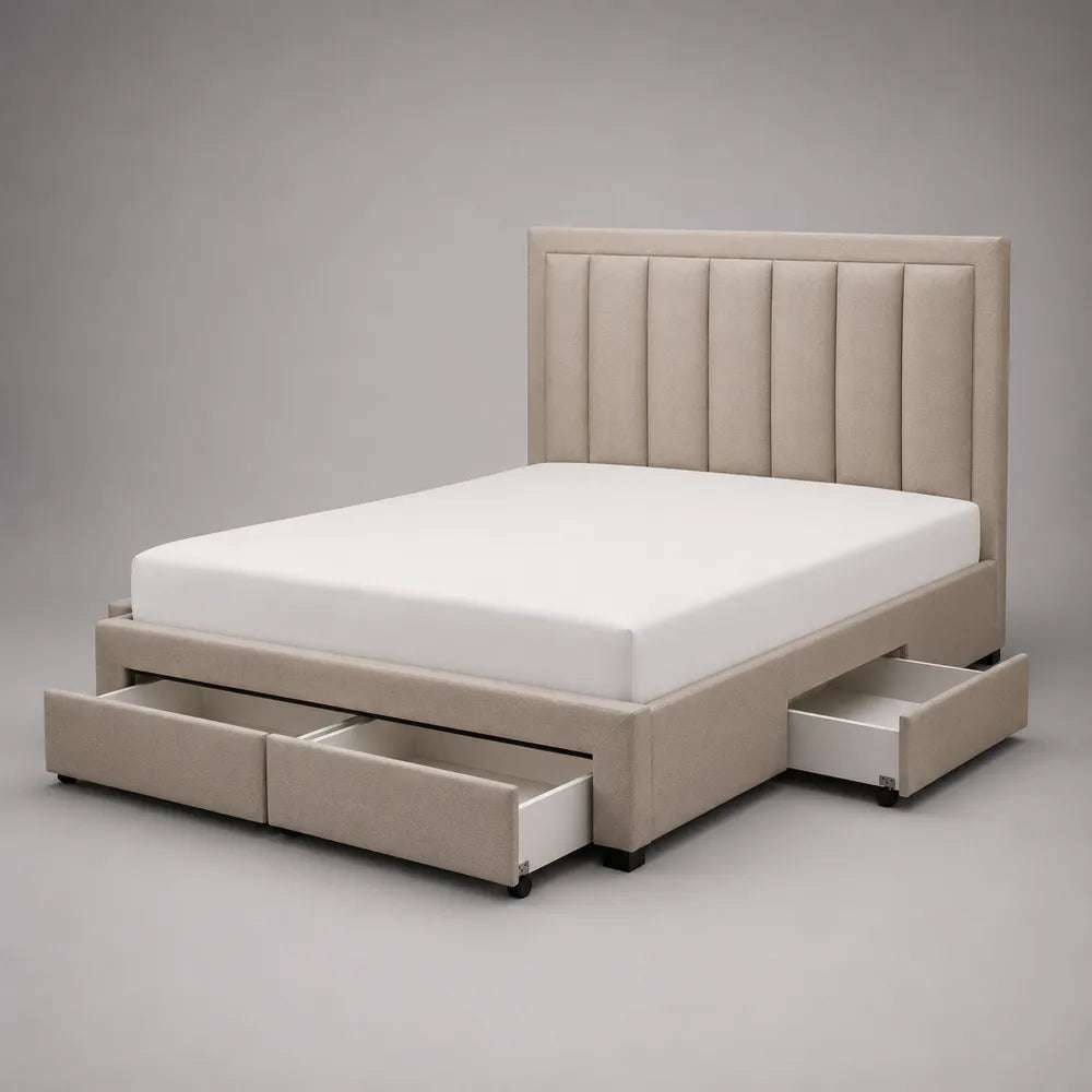 Letto contenitore matrimoniale 160 x 200 cm beige con 4 cassetti estraibili e testiera imbottita in tessuto poliestere